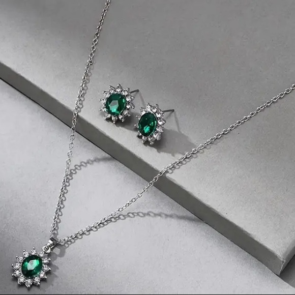 Emerald & Diamond Silver Tone Necklace and Stud Earrings Set - Picture 2 of 3